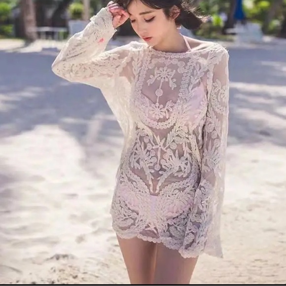 Lace crochet embroidery Long sleeve blouse mesh cream swimsuit cover up - Picture 8 of 8